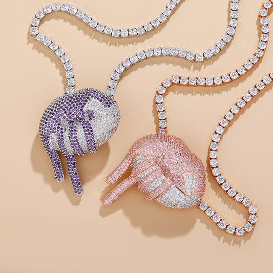 Iced Out Pink/Purple Colorblock Dripping Lip Design Cubic Zirconia Pendant Hip-Hop Chain Necklace