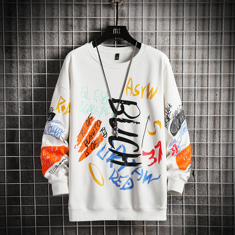 Men's Oversized Graffiti Print Long Sleeve O-Neck Japanese Streetwear Hip-Hop Sweatshirts