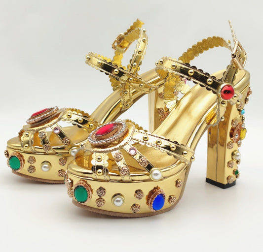 Gold Rhinestone Embellished Metallic High Heel Platform Open Toe Gladiator Sandal Pumps