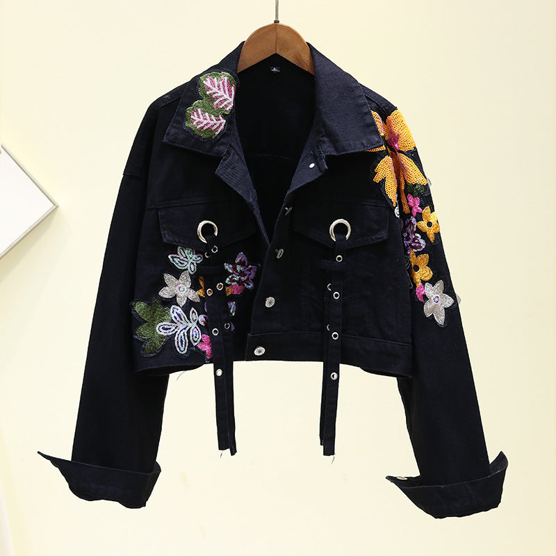 Denim Flower Embroidered Turn-Down Collar Women's Crop Jean Jacket