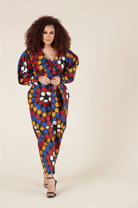African Geometric Print Long Balloon Sleeve V-Neck Women's Jumpsuit
