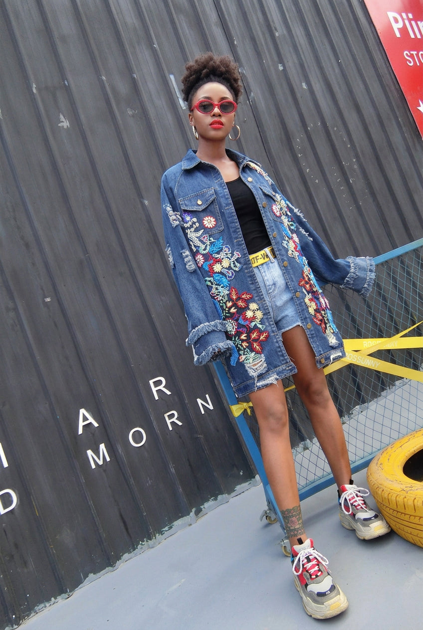 Denim Flower Embroidered Hip-Hop Patchwork Design Long Sleeve Women's Streetwear Jean Trenchcoat