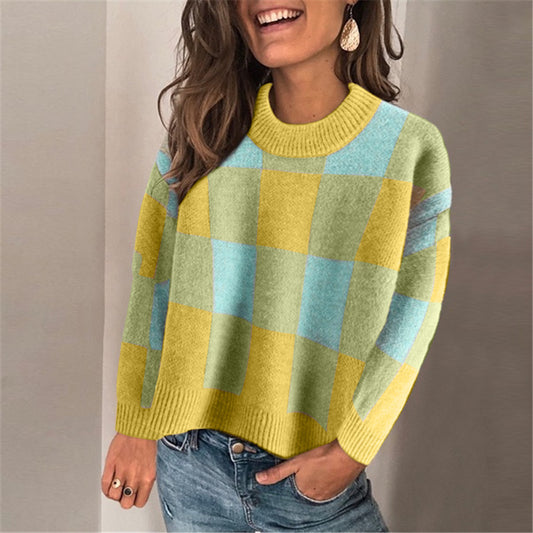 Colorblock Plaid Loose Long-sleeved Pullover Rabbit Fur Sweater