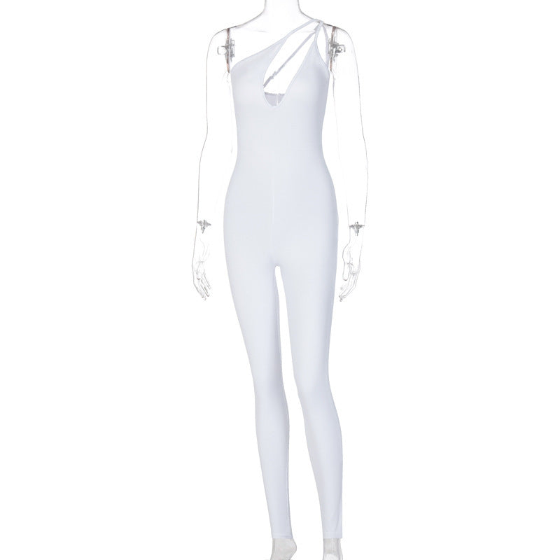 One Shoulder Irregular V-Neck Solid Color Asymmetrical Hip Lift Women's Skinny Jumpsuit