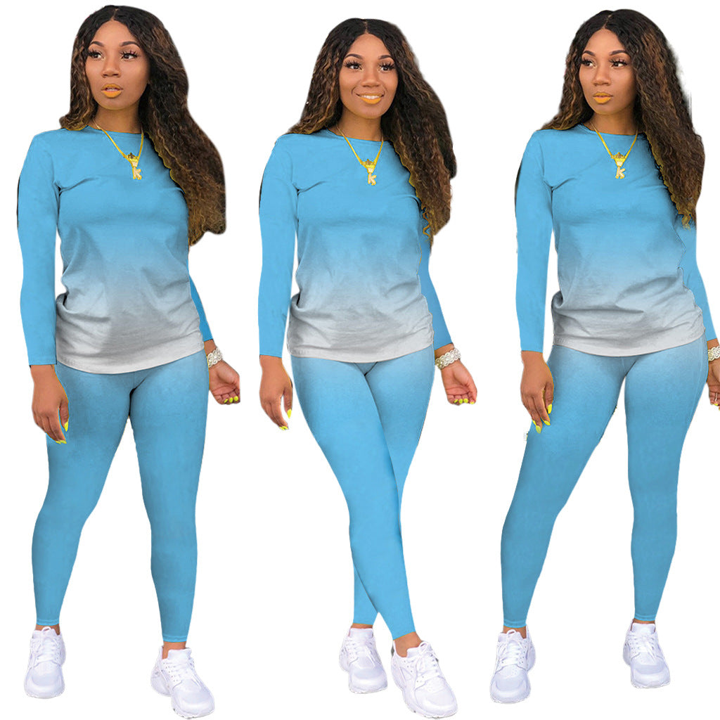 Gradient Colorblock O-Neck Long Sleeve Women's Top + Leggings 2-Piece Set