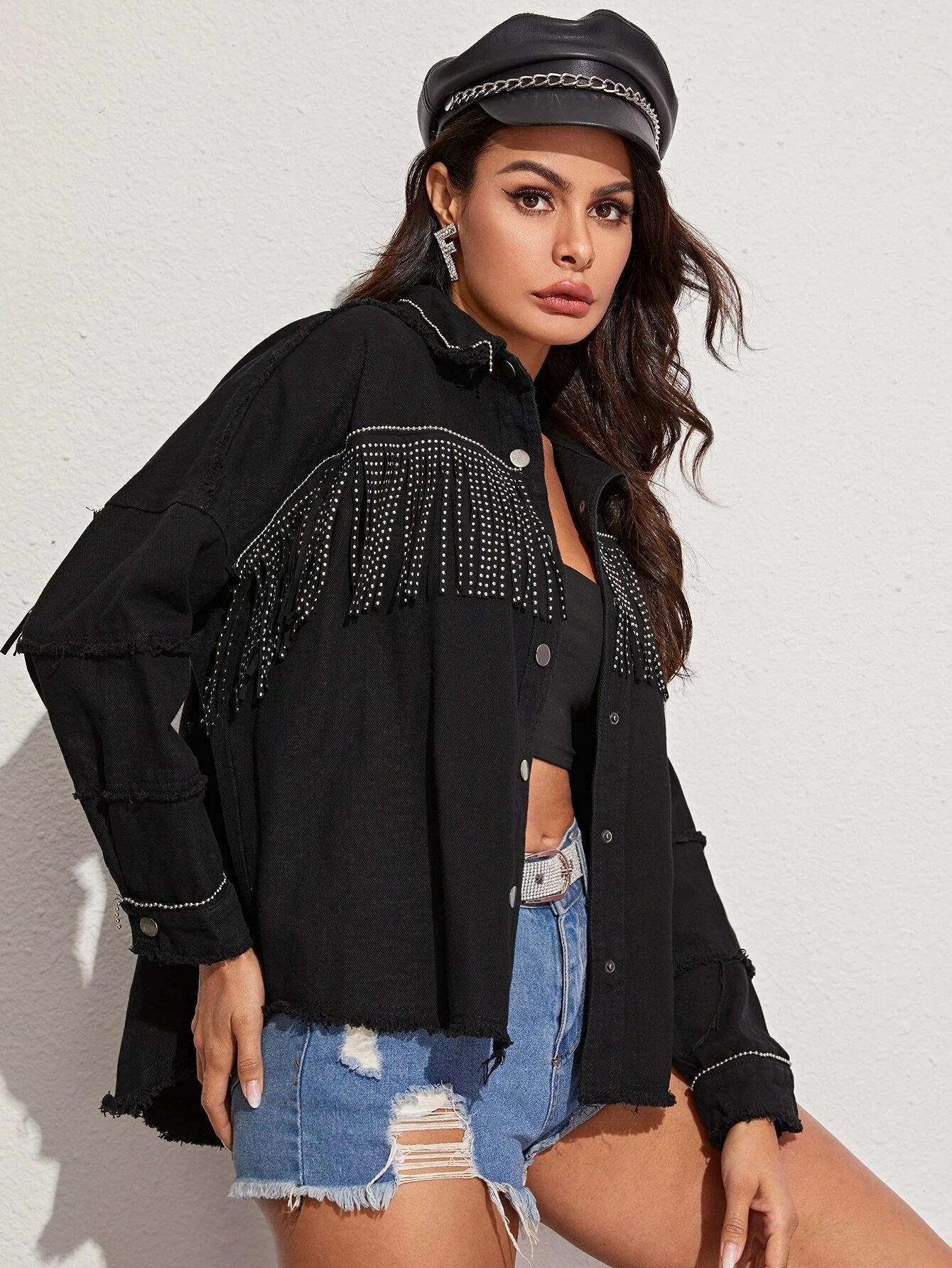 Denim Black Beaded Tassel Fringe Design Women's Western Cowgirl Jean Jacket