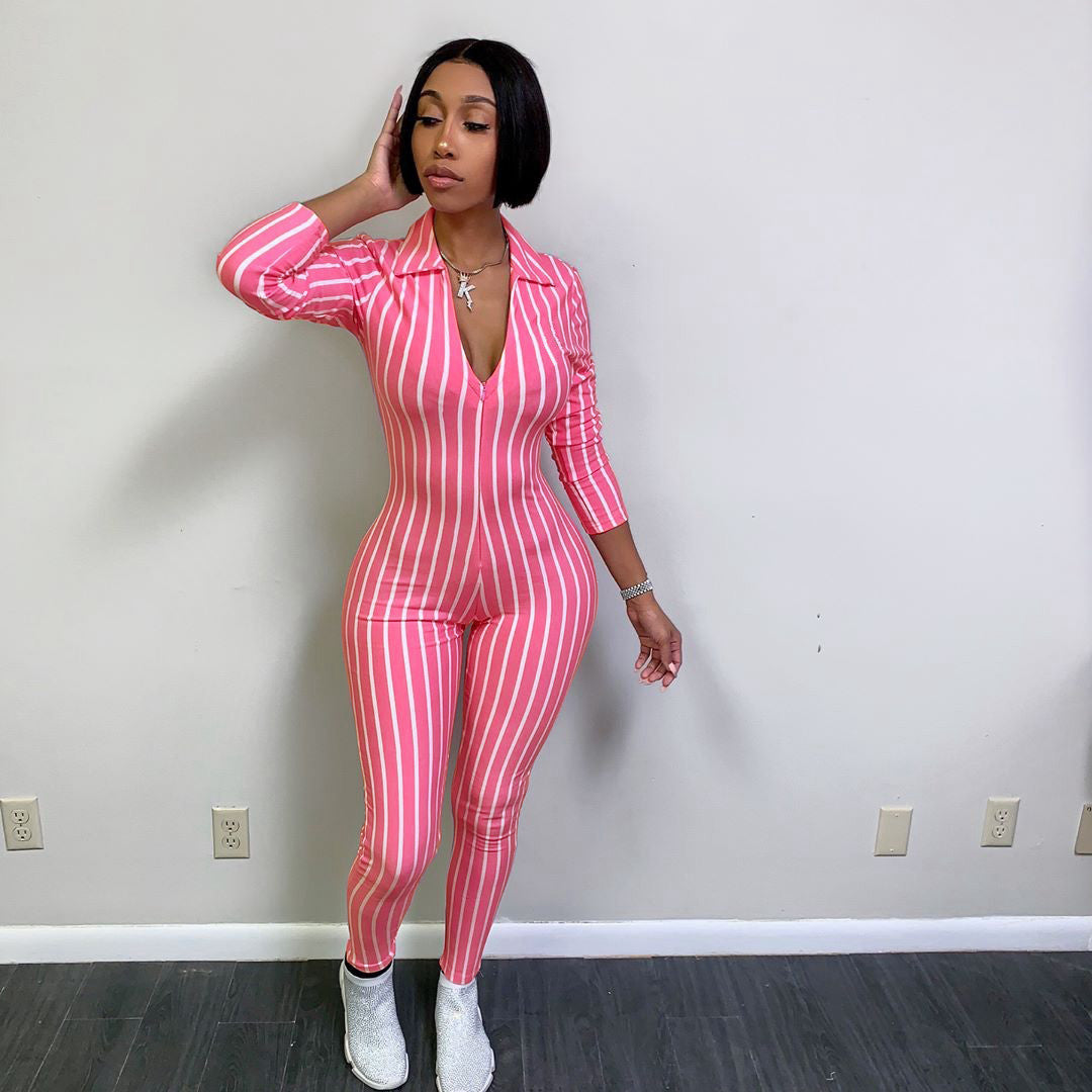 Striped Turn-Down Collar Deep V-Neck Women's 1/2 Sleeve Bodycon Skinny Fitness Zipper Jumpsuit