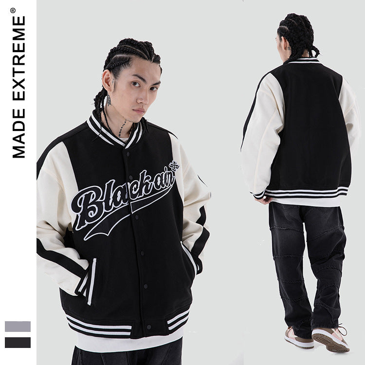 Unisex Colorblock Striped Hem Button-Up "Black Air" Varsity Baseball Bomber Jacket