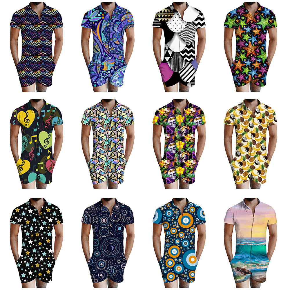 Men's Assorted 3D Print Short Sleeve One-Piece Skinny Shorts Romper