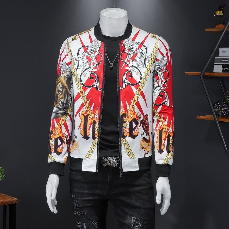 Men's Baroque Gold Chain Tiger Flame Hip-Hop Print O-Neck Streetwear Zipper Bomber Jacket