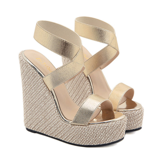 Platform Gold Metallic Leather Criss-Cross Strap Design Women's Platform Wedge Sandals