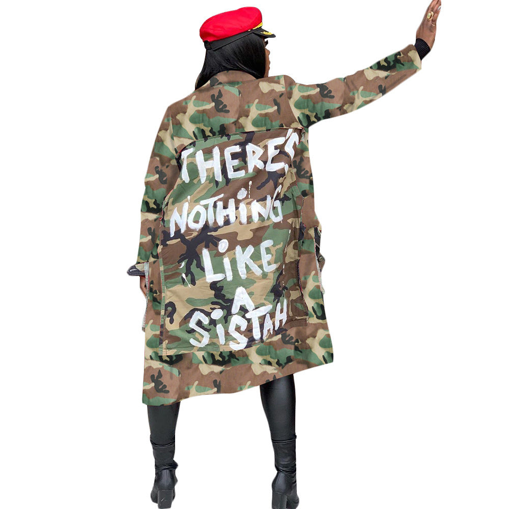 "There's Nothing Like A Sista" Letter Print Hip-Hop Denim Camoflauge Streetwear Women's Jean Trenchcoat to 3X Plus Size