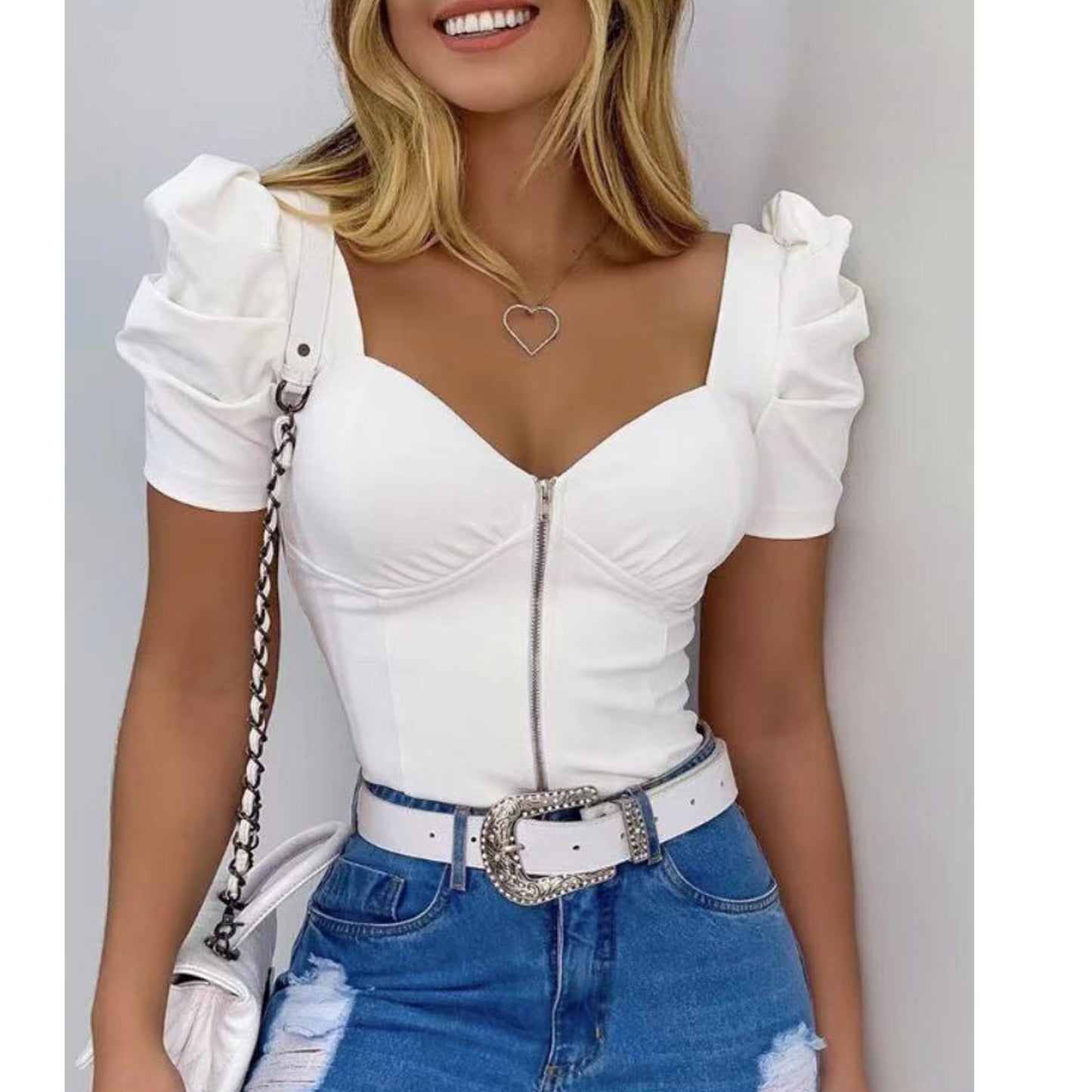 Puff Sleeve Camisole V-Neck Zipper Front Short Sleeve Blouse