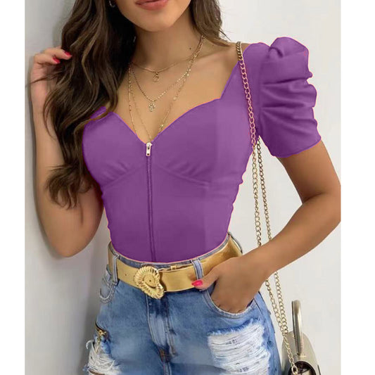 Puff Sleeve Camisole V-Neck Zipper Front Short Sleeve Blouse