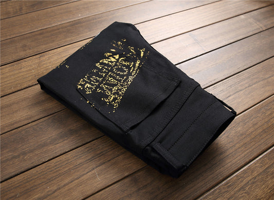 Men's Ruched Airbrush Graffiti Print Punk Hip-Hop Skinny Jeans