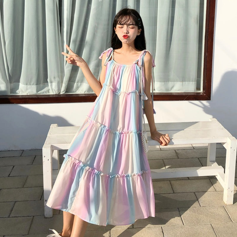 Rainbow Pastel Sleeveless Striped Suspender Midi Sundress Dress