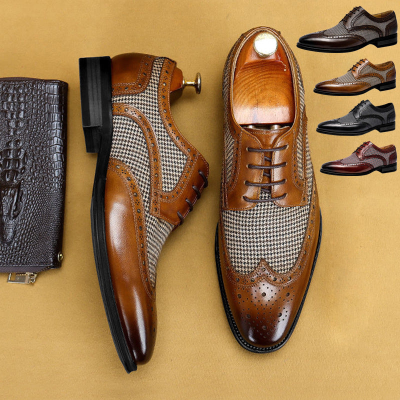 Men's Vintage Colorblock Plaid Houndstooth Denim Leather Lace-Up Dress Shoes