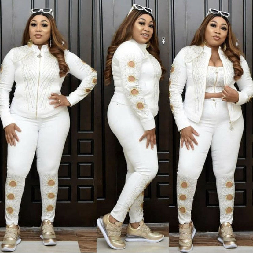 Denim Hot Rhinestone Beaded Embroidered Long Sleeve Jacket + Tube Top + Trouser Jeans Women's 3-Piece Set