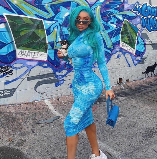Ruched Tie-Dye Print Round Neck Long Sleeve Skinny Bodycon Dress to 5X Plus Size