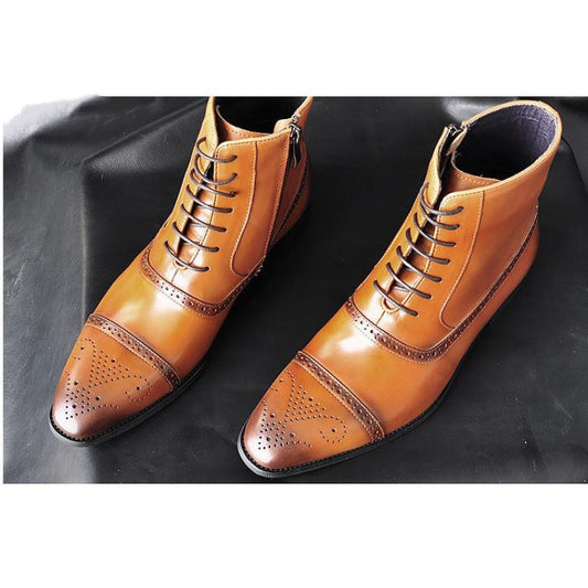 Men's Leather Side Zipper Design Lace-Up Ankle Boots