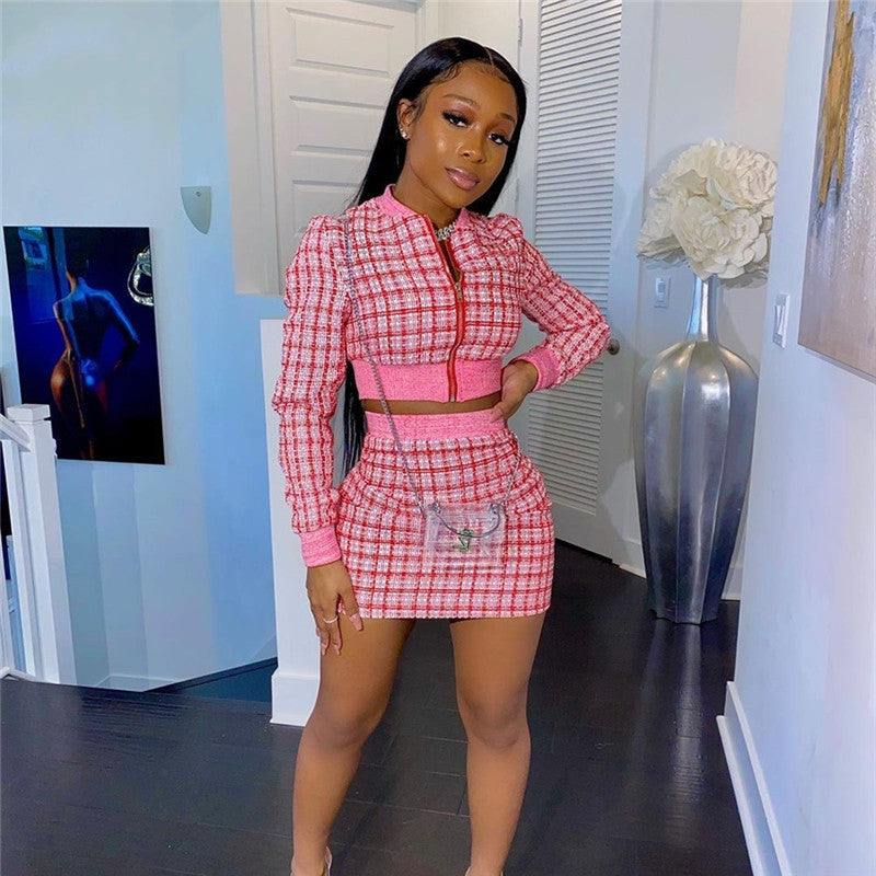 Plaid Print Threaded Long Sleeve Women's O-Neck Bomber Jacket + Mini Skirt 2-Piece Set