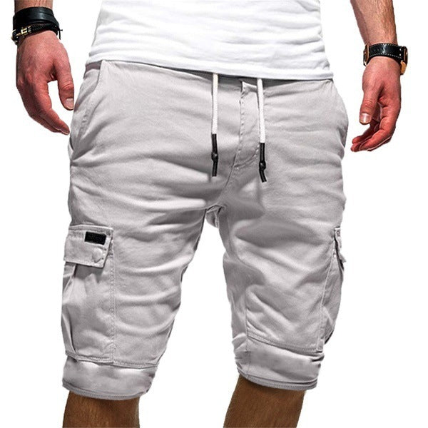 Men's Multi-Pocket Drawstring Solid Color Knee-Length Cargo Sweat Jogger Shorts