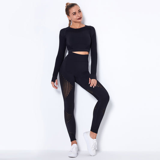 Seamless Knitted Absorbent Long Sleeve Yoga Crop Top + Workout Gym Leggings 2-Piece Set