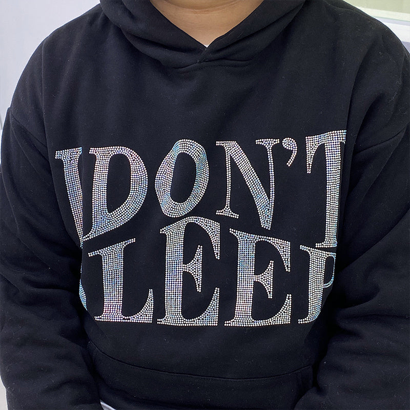 Men's Rhinestone "I DON'T SLEEP" Hip-Hop Loose Fleece Hoodie Sweatshirt