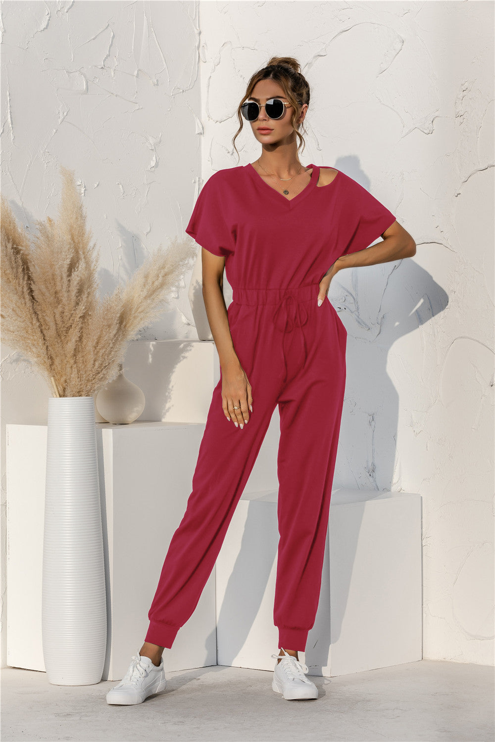 Off-the-Shoulder Women's Short Sleeve Solid Color Elastic Waist V-Neck Jumpsuit