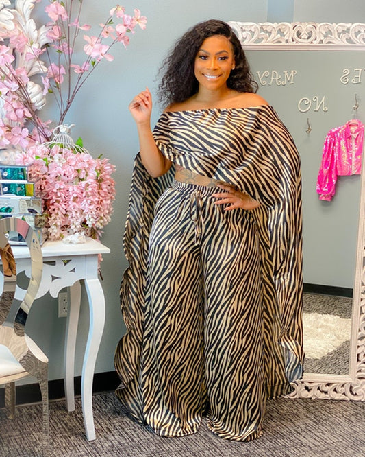 Zebra Print Off-the-Shoulder Long Sleeve Women's Maxi Crop Blouse + Wide Leg Pants 2-Piece Set