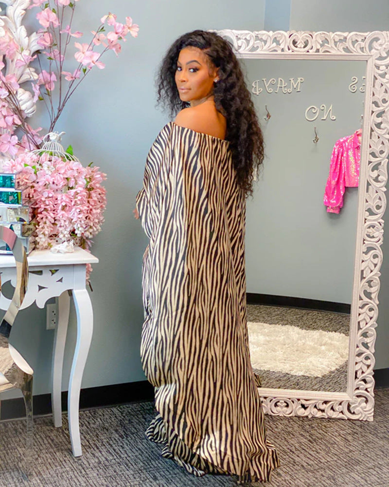 Zebra Print Off-the-Shoulder Long Sleeve Women's Maxi Crop Blouse + Wide Leg Pants 2-Piece Set