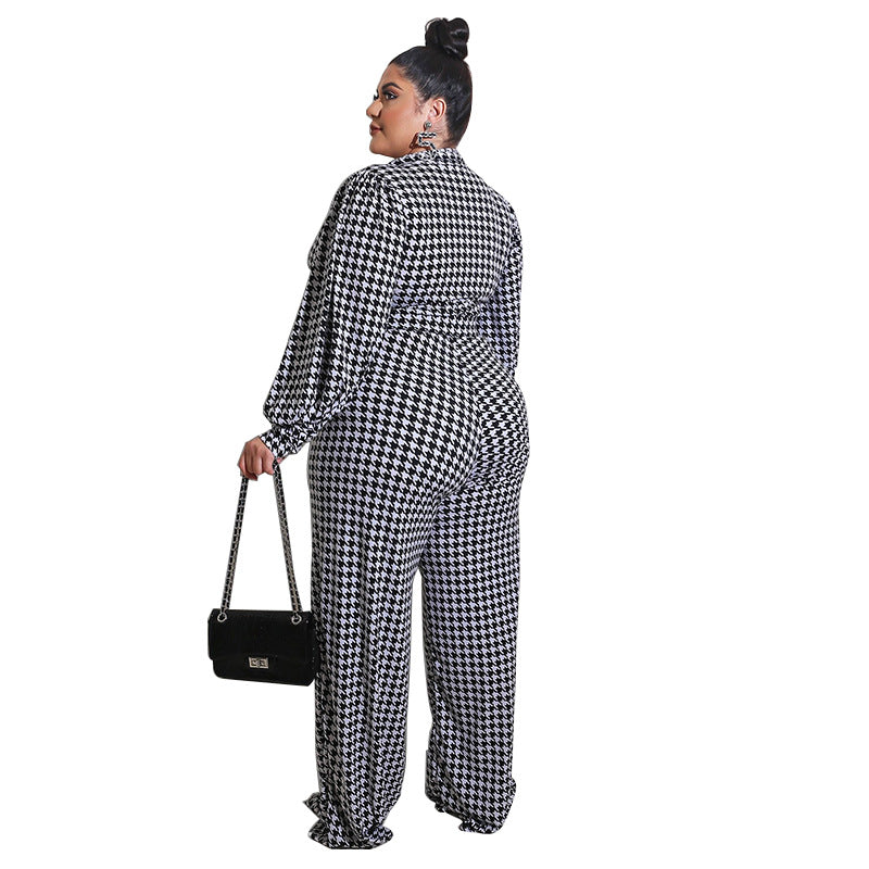 Black/White Houndstooth Plaid Long Puff Sleeve Deep V-Neck Women's Pants Jumpsuit to 5X Plus Size