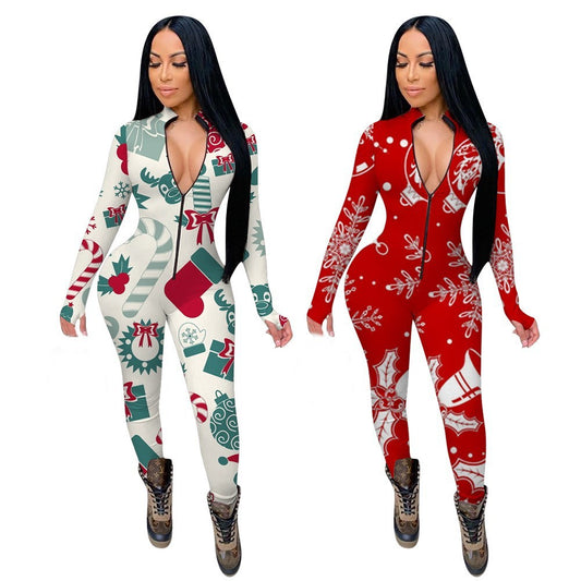 Red/White Christmas Print Long Sleeve Deep V-Neck Skin Tight Women's Zipper Jumpsuit