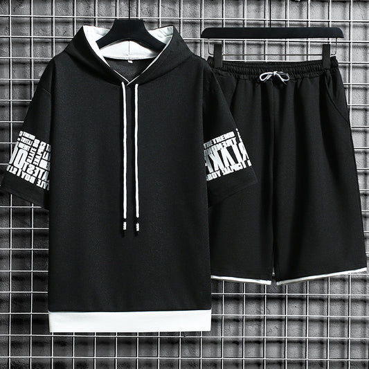 Oversized Letter Print Short Sleeve Hoodie T-Shirt + Loose Shorts 2-Piece Set
