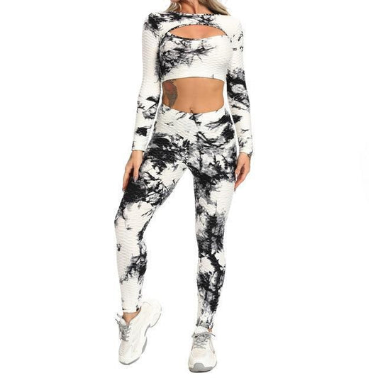 Tie-Dye Pineapple Grid Hollow-Out Long Sleeve Crop Top + Fitness Workout Leggings 2-Piece Set