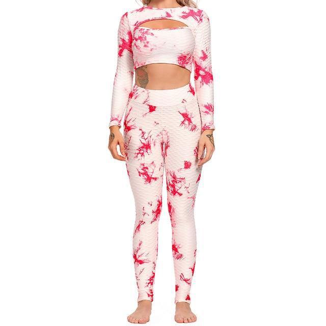 Tie-Dye Pineapple Grid Hollow-Out Long Sleeve Crop Top + Fitness Workout Leggings 2-Piece Set