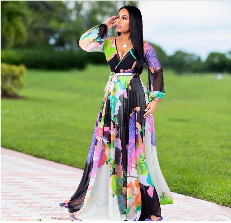 Chiffon Striped Colorblock/Flower Print Long Sleeve V-Neck Big Swing Maxi Dress to 5X Plus Size