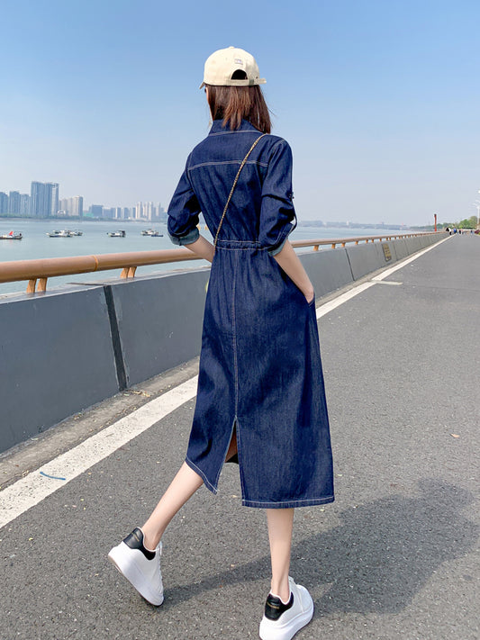 Denim Dark Blue/Light Blue Drawstring Waist Short Sleeve Jean Shirt Dress