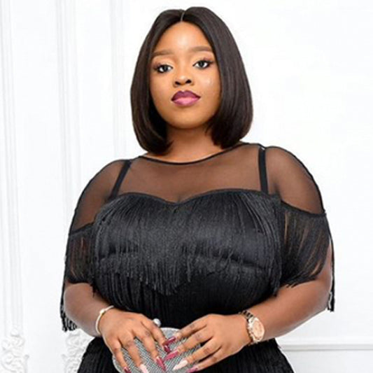 Black Mesh Sheer Tassel Fringe Transparent Design Short Sleeve High Waist Formal Maxi Dress