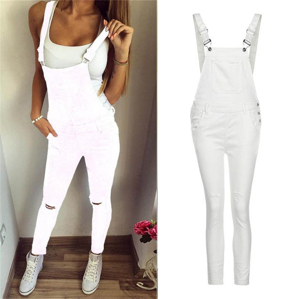 Double Shoulder Strap Ripped Denim Women's Overall Jean Jumpsuit to 3X Plus Size