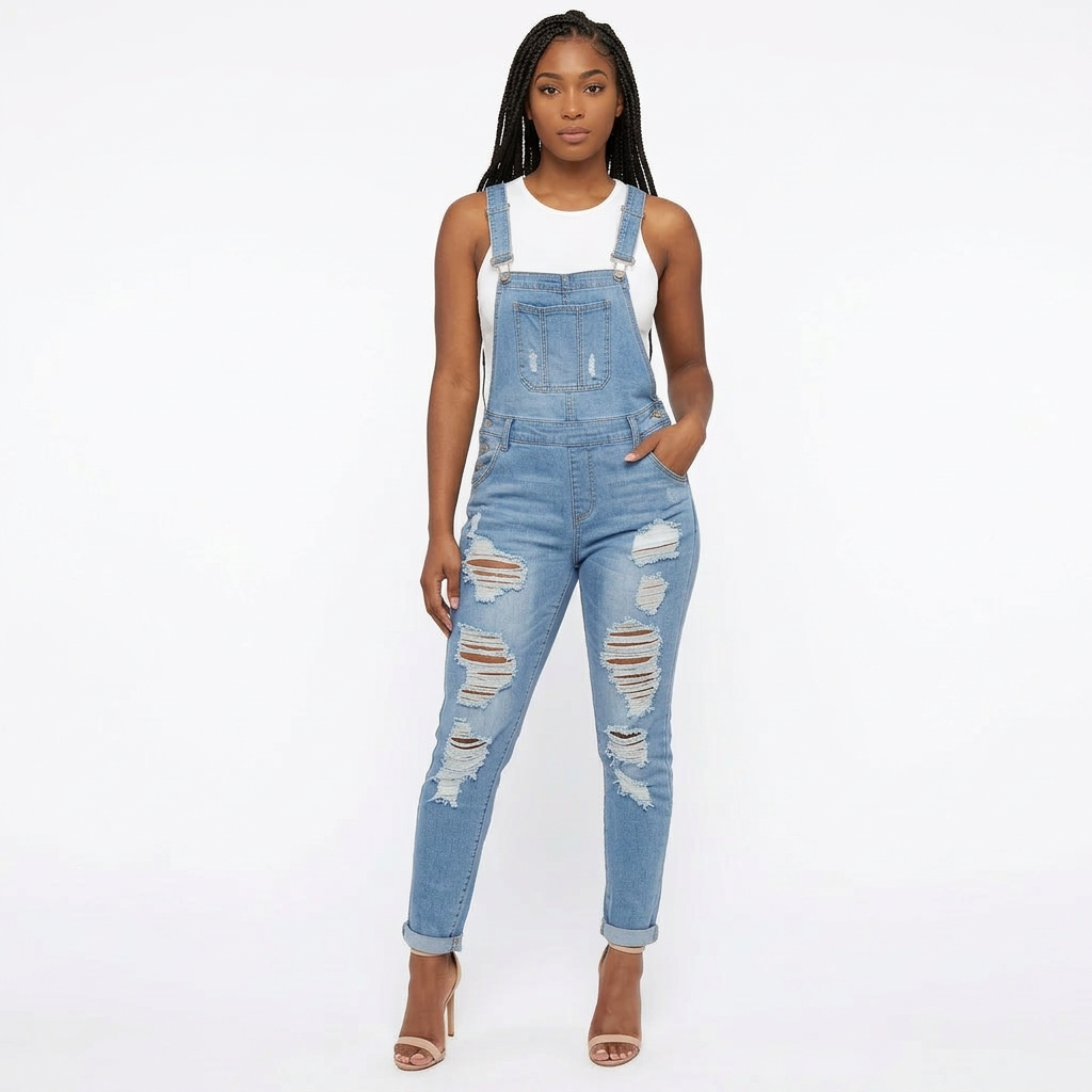 Denim Sleeveless Ripped Streetwear Women's Overall Jean Jumpsuit to 3X Plus Size