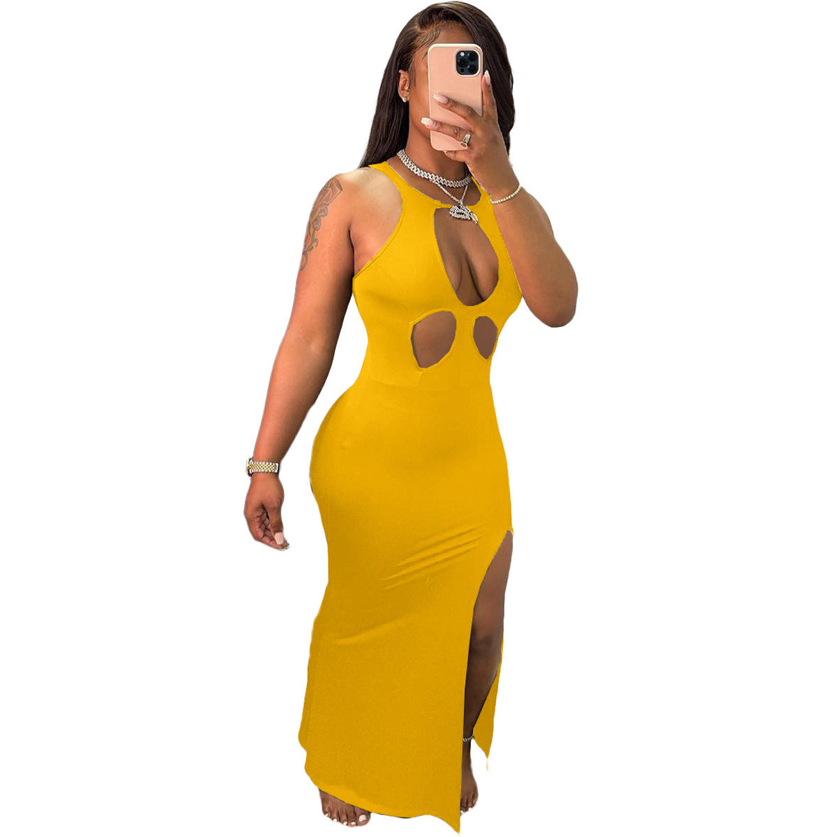 Sleeveless Hollow-Out Solid Color Sexy Maxi Dress