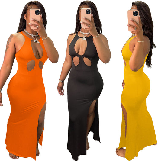 Sleeveless Hollow-Out Solid Color Sexy Maxi Dress
