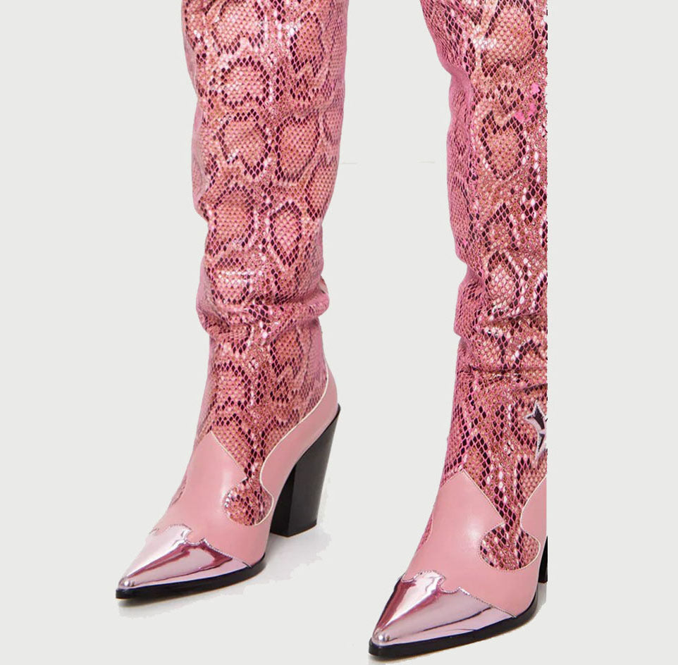 Pink Snakeskin Print Metal Pointed Toe Thick High Heel Women's Over-the-Knee Western Cowgirl Rodeo Boots