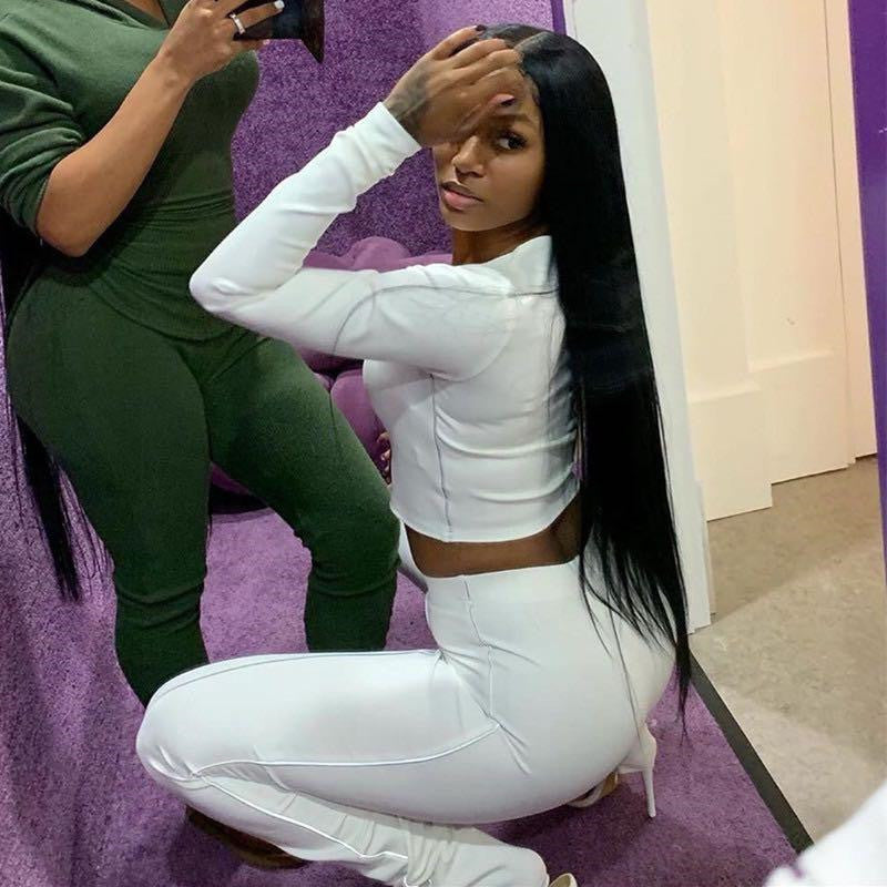 Striped V-Neck Long Sleeve Fitness Gym Crop Top + Workout Split Hem Skinny Leggings 2-Piece Set