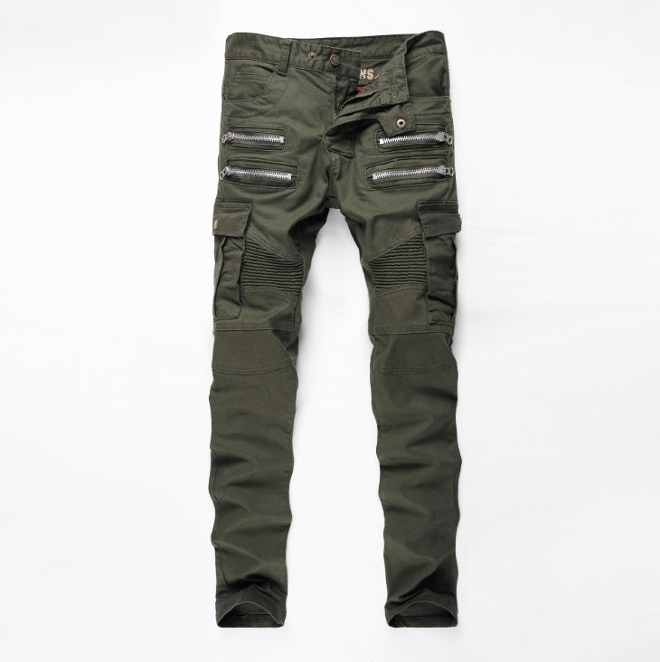 Men's Ripped Washed Colorblock Ruched Skinny Cargo Jeans