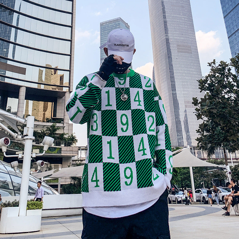 Men's Colorblock Checker Number Print Hip-Hop O-Neck Long Sleeve Sweater