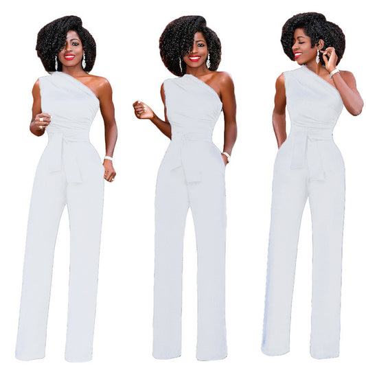Asymmetrical One Shoulder Solid Color Sash Belted Women's Party Jumpsuit