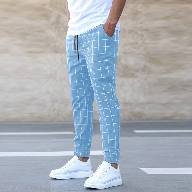 Men's Plaid Print Casual Drawstring Trouser Pants