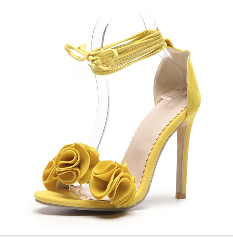 Flower Embroidered Suede Open Toe Ankle Round Strap Stiletto Heel Sandal Pumps